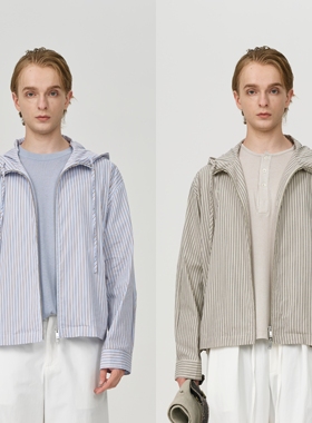 HOPECONCEPT老钱风简约薄款连帽长袖条纹休闲衬衣外套#25081