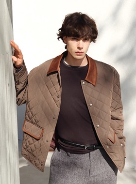 HOPECONCEPTmiu风时髦菱格绗缝撞色麂皮绒翻领夹克棉服外套#25520