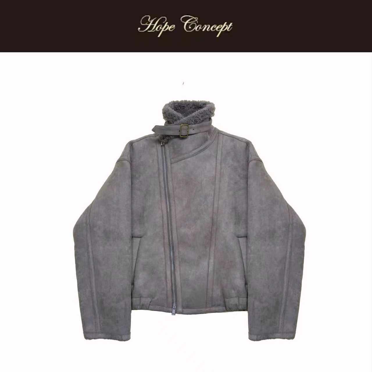 HOPECONCEPT冷都贵感时髦过冬复古立/翻领斜门襟皮毛夹克#AW05560