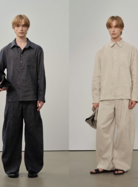 HOPECONCEPT 都市主角复古老钱亚麻衬衫解构感弯刀裤套装#25186