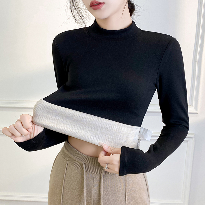 蚕丝羊绒德绒打底衫女士半高领秋冬加绒加厚双面磨毛打底保暖上衣