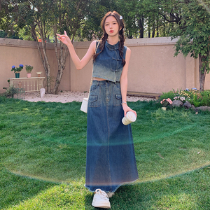 现货！26夏新款小个子时尚牛仔2件套渐变色洗水278-3708-P140K218，女装套装/套裙，三七家