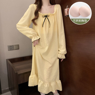纯色可爱学生宿舍睡衣 甜美公主风带胸垫长袖 新款 睡裙春秋季