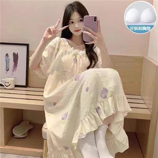 带棉垫睡裙女夏季卡通可爱蝴蝶结短袖睡衣春秋天薄款家居服可外穿