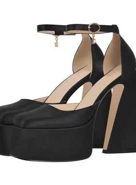 夏季时尚外贸大水台高跟凉鞋女方头搭扣黑色欧美时装粗跟女鞋大码