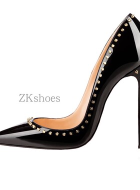 ZK黑色欧美超高跟12cm细跟女鞋尖头夜店浅口铆钉时装女鞋大码鞋