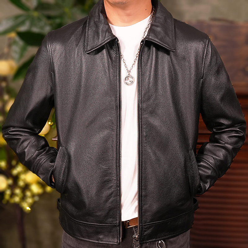 反季秒杀价 头层牛皮 真皮皮衣男翻领简约大气休闲皮夹克外套春秋