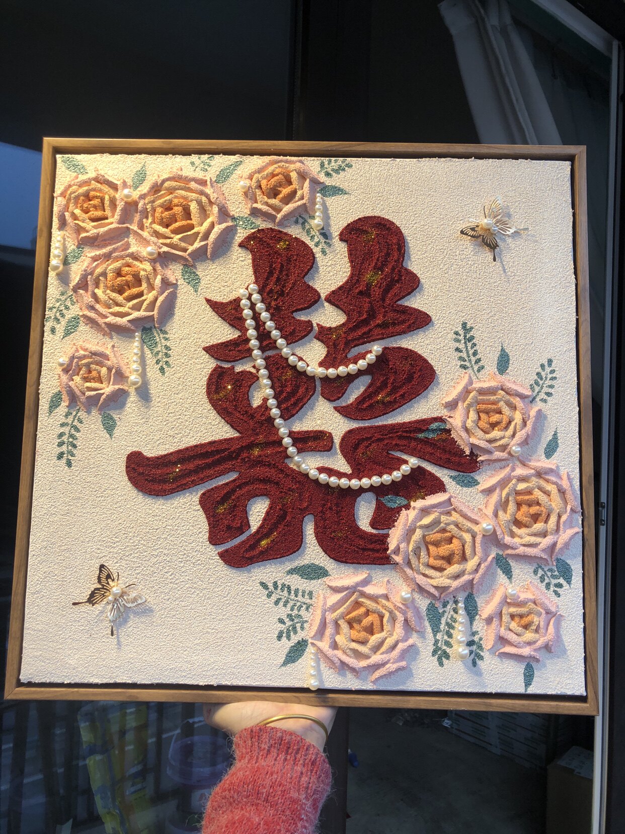 喜字结婚礼物石英砂丙烯肌理画成DIY/数字油画