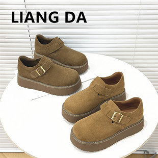 真皮厚底勃肯鞋女冬加绒小个子增高单鞋百搭轻便软底保暖雪地棉鞋