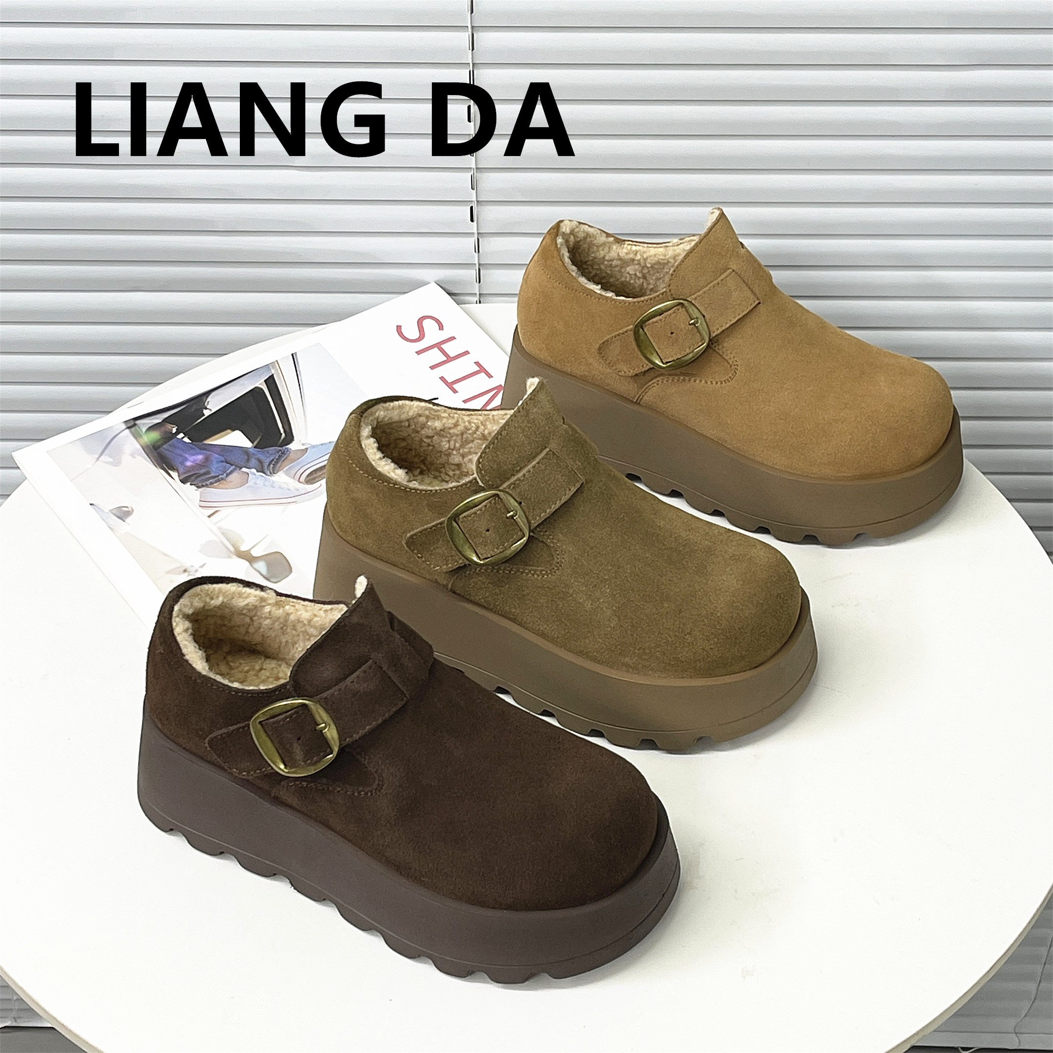 真皮厚底勃肯鞋女秋冬韩版皮带扣加绒保暖棉鞋小个子增高雪地鞋潮