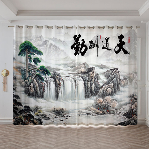 中式禅意水墨隔断落地窗帘布沙