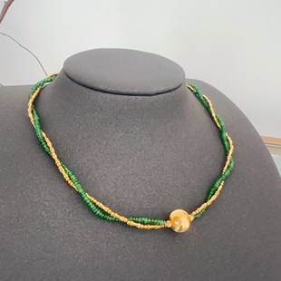 翡翠小米珠18k金骨头双层项链 18k猫眼金珠扭花双层锁骨项链项圈