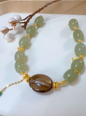18k金和田玉茶晶转运珠手链女款手串轻奢小众设计感高级气质