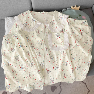 家居服三件套 ins新款 夏季 睡衣女派对猫猫可爱卡通云朵棉薄款 短袖