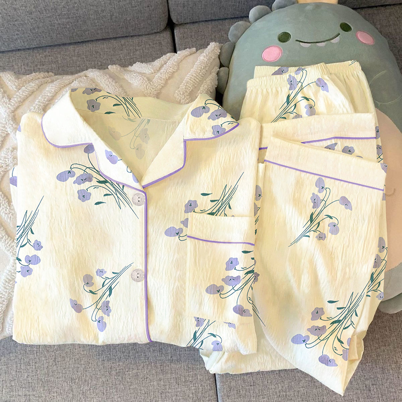 清新温柔风小碎花睡衣女春秋季简约休闲皱布长袖长裤两件套家居服