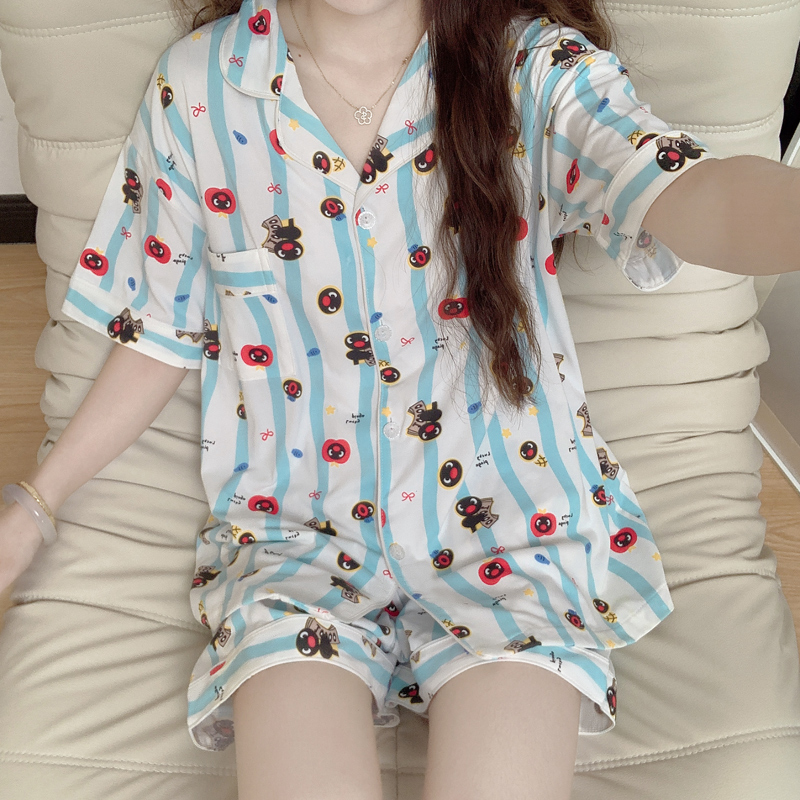 pingu企鹅韩版可爱睡衣女夏季清新条纹短袖短裤卡通家居服两件套