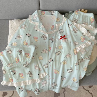 奶呼呼可爱小狗夏季 睡衣女仿棉花边韩系ins风短袖 家居服三件套装