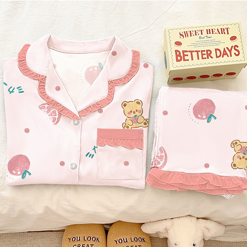 甜美公主风荷叶边睡衣女ins风卡通小熊长袖长裤波点家居服两件套