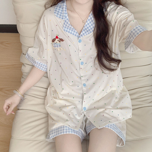 韩版ins风夏季派对小狗卡通睡衣女甜美彩色波点网红短袖居家套装