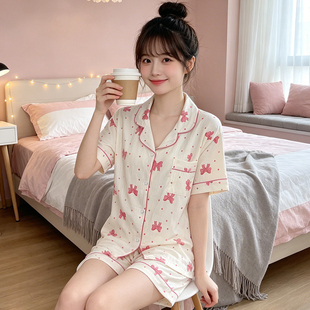 夏季公主风睡衣女云朵棉短袖短裤波点蝴蝶结家居服两件套装送闺蜜