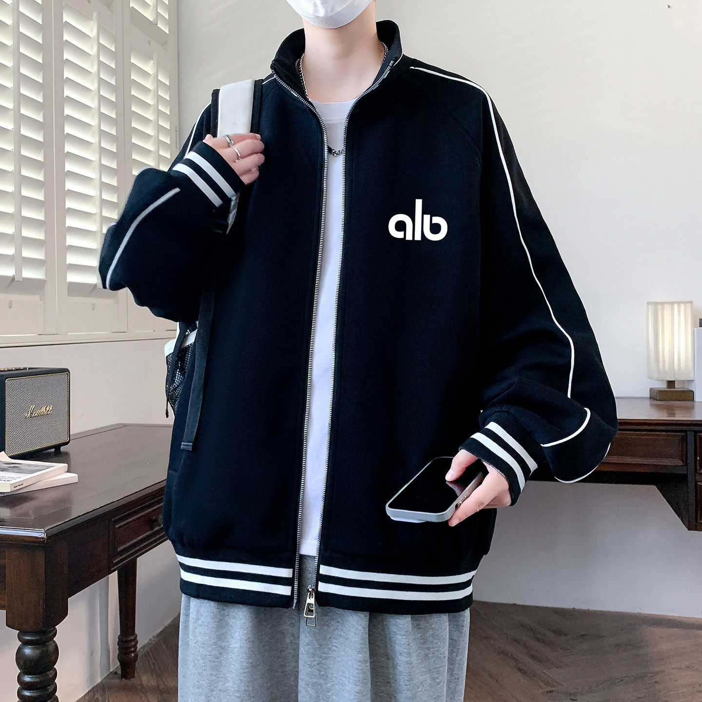 春秋季卫衣开衫男孩高中初中学生潮流帅气青少年大童立领外套上衣