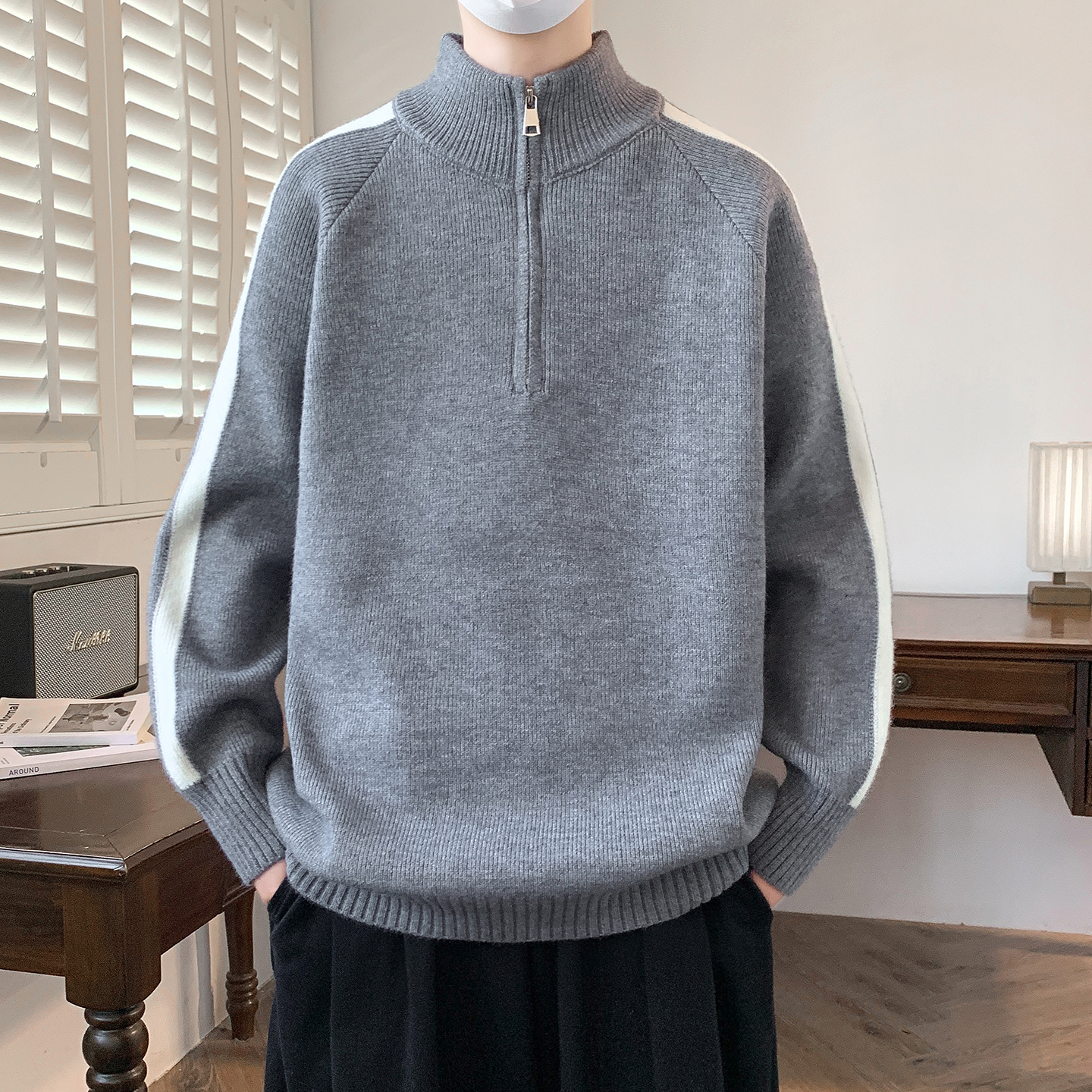 不起球不褪色立领半拉链毛衣