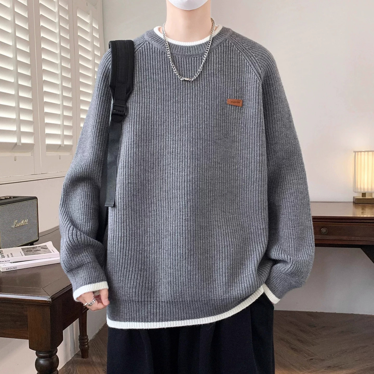 秋冬季圆领毛衣男孩初中高中学生纯色毛线衣青少年大童针织打底衫