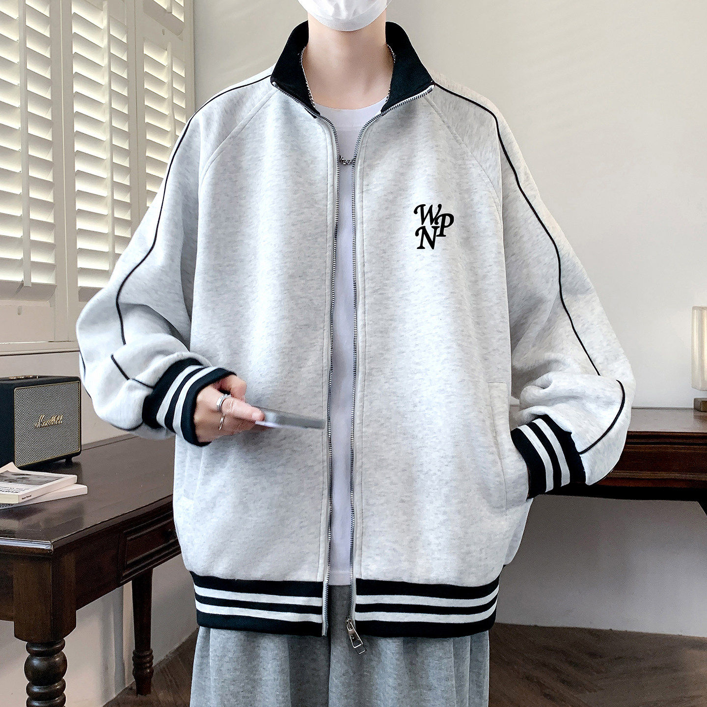 春秋款开衫卫衣男孩初中高中学生潮流帅气外套青少年大童立领上衣