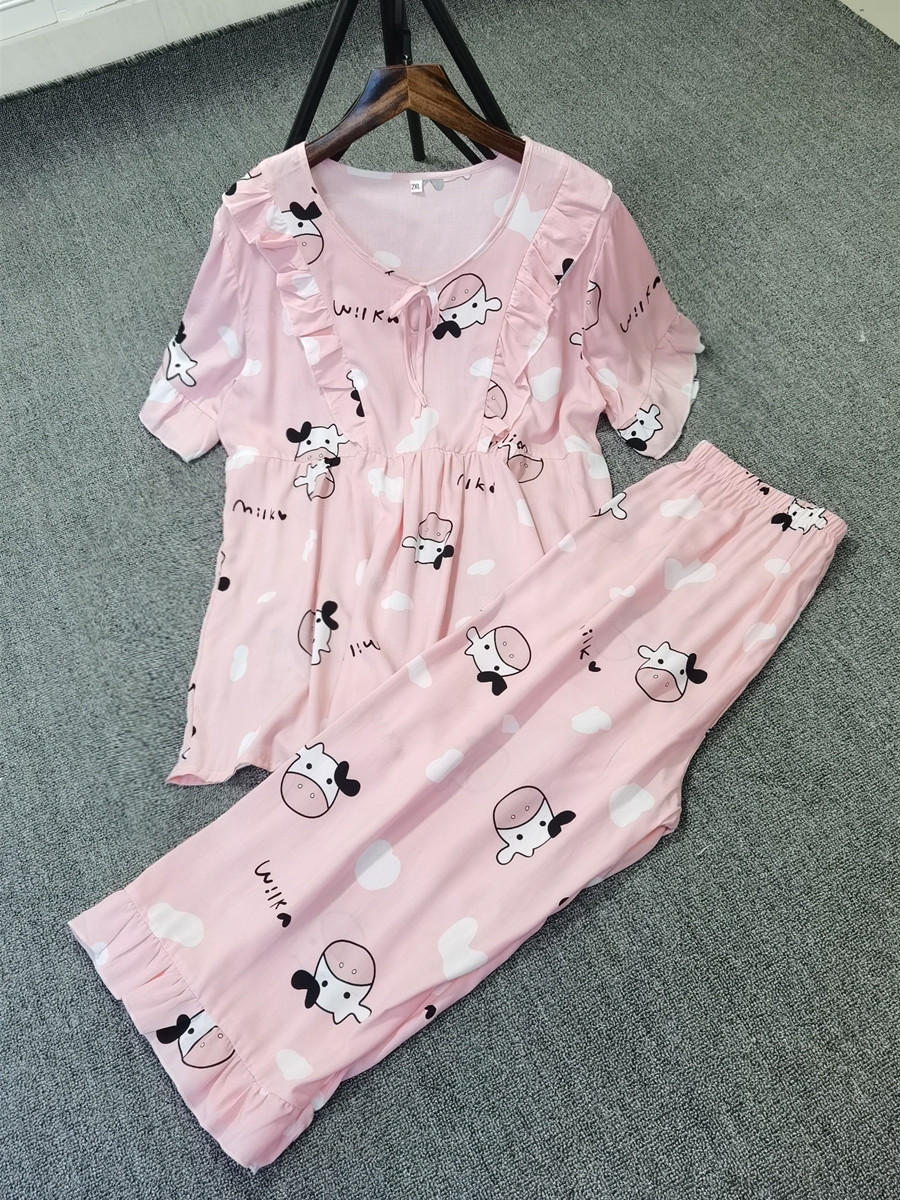 短袖棉绸睡衣女春秋季网红爆款人造棉套装法式大花边绵绸宽松套装