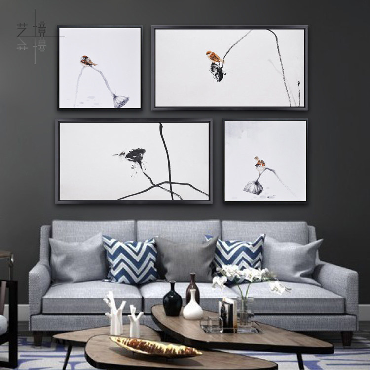 荷韵中式写意花鸟留白水墨画 客厅玄关茶室装饰画墙 禅意挂画手绘