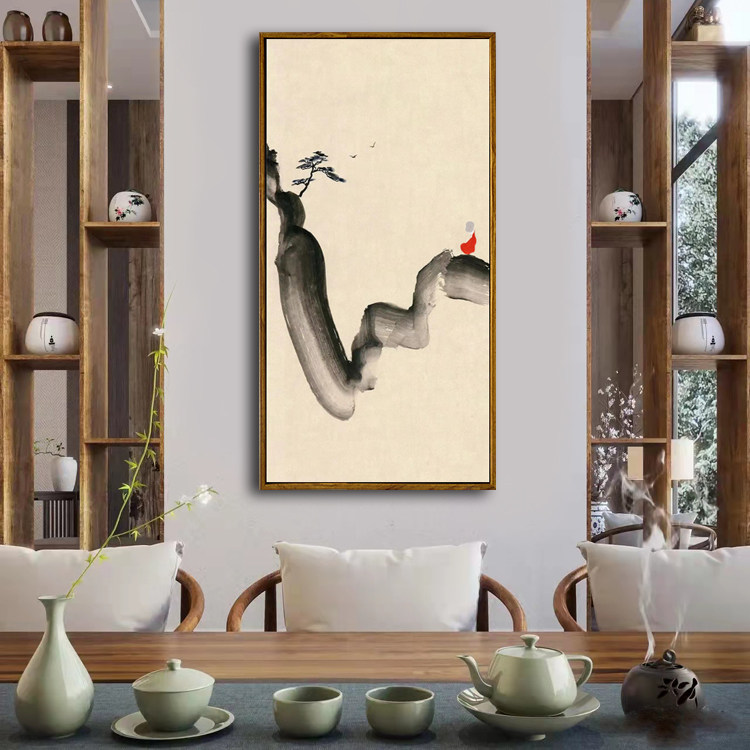 坐看云起中式古风禅意挂画水墨抽象手绘客厅简美装饰画玄关竖版