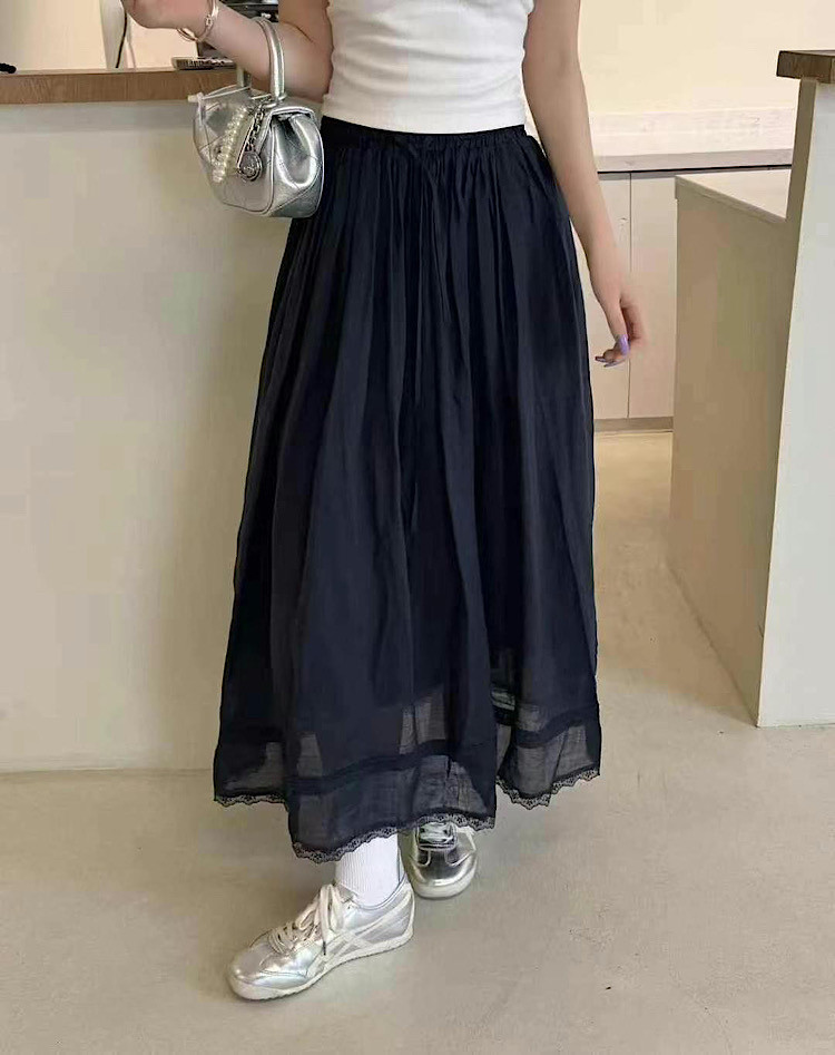 高级轻薄纯苎麻半身裙6827蕾丝刺绣花边松紧腰抽绳大摆女2025夏季