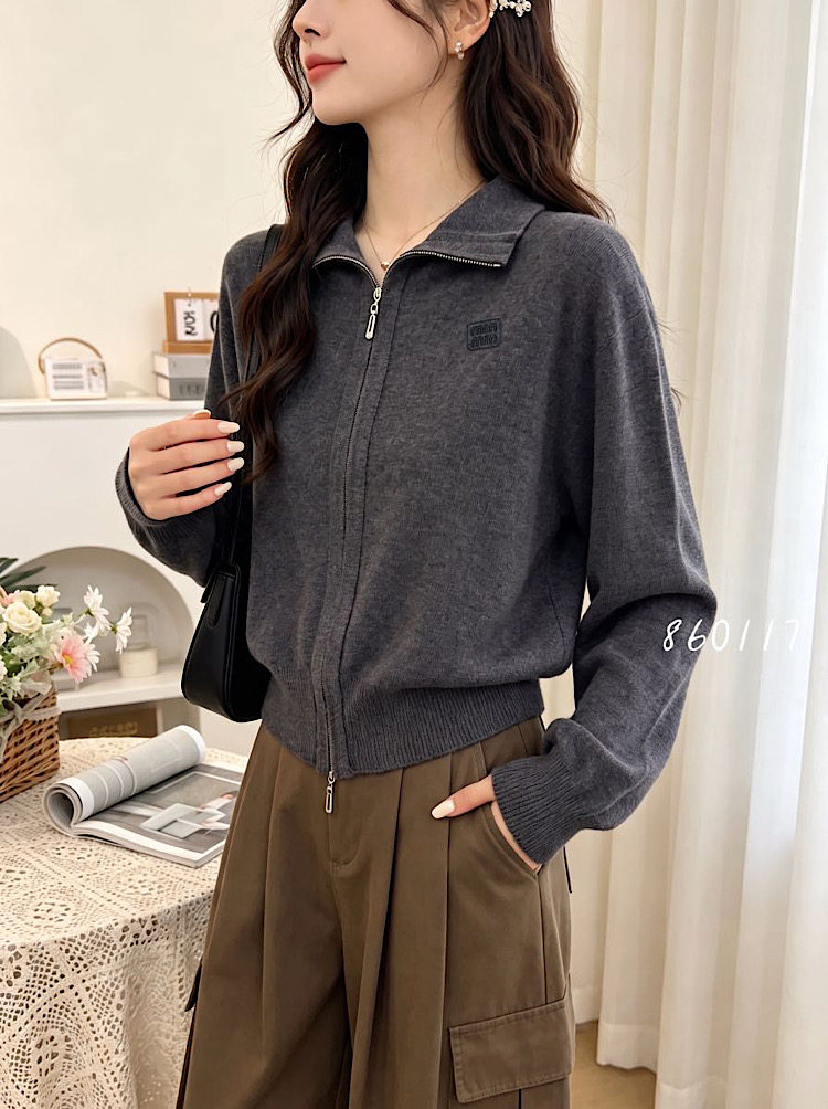 韩系高级柔软细羊毛衣开衫女双拉链设计小翻领宽松显瘦秋季新0117