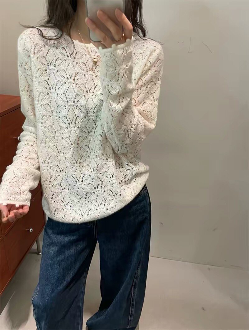 韩系高级软糯莱赛尔山羊绒毛衣女宽松重工钩花镂空洋气秋季新8056