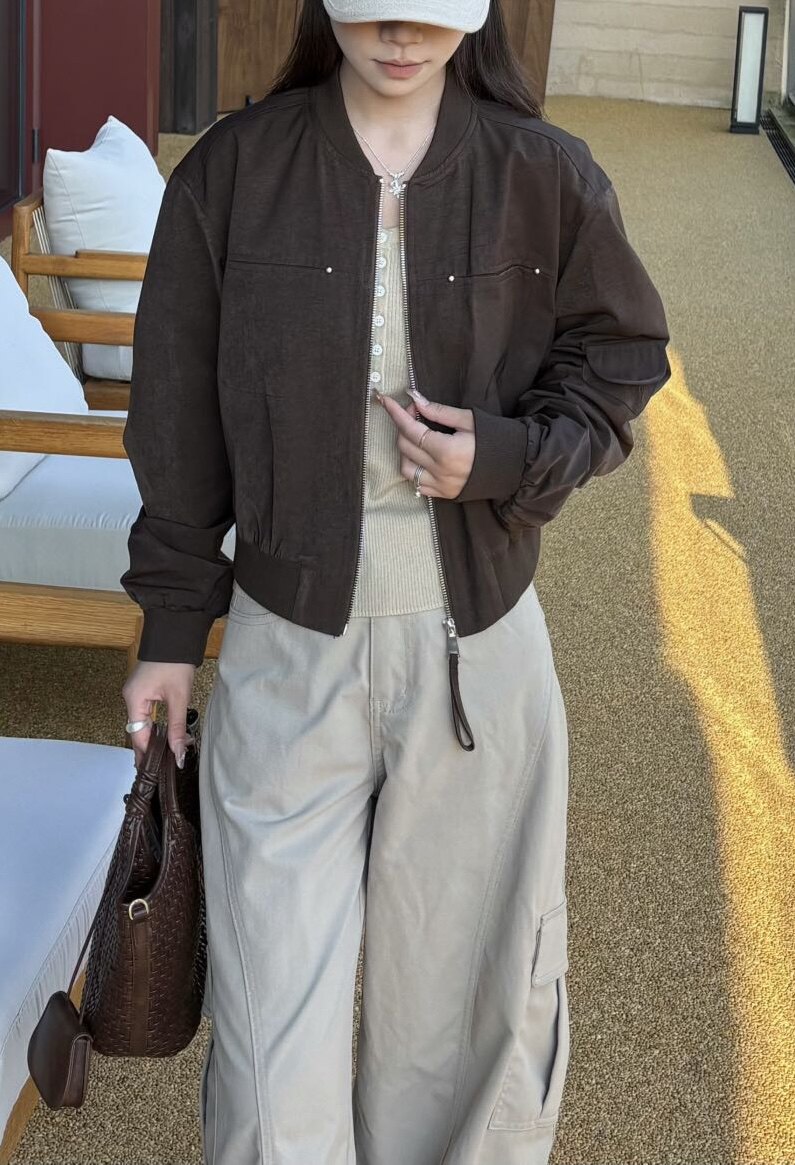 韩系高级短款外套女宽松棒球服复古长袖褶皱设计感秋季新款6521