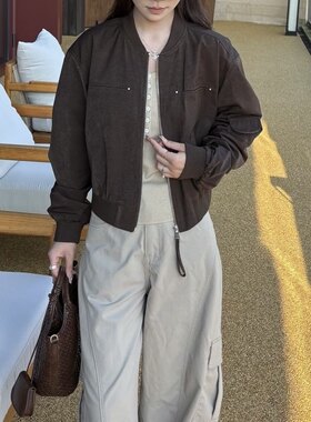 韩系高级短款外套女宽松棒球服复古长袖褶皱设计感秋季新款6521