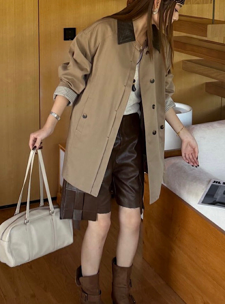 高级纯棉复古中长款风衣小个子女PU皮小翻领秋季新款宽松系带6629