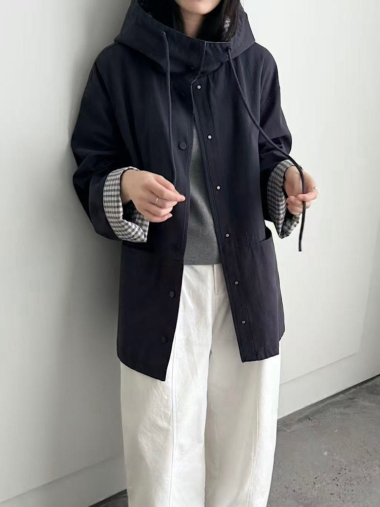 韩系高级柔软纯棉中长款连帽风衣外套女宽松休闲百搭秋季新款3035