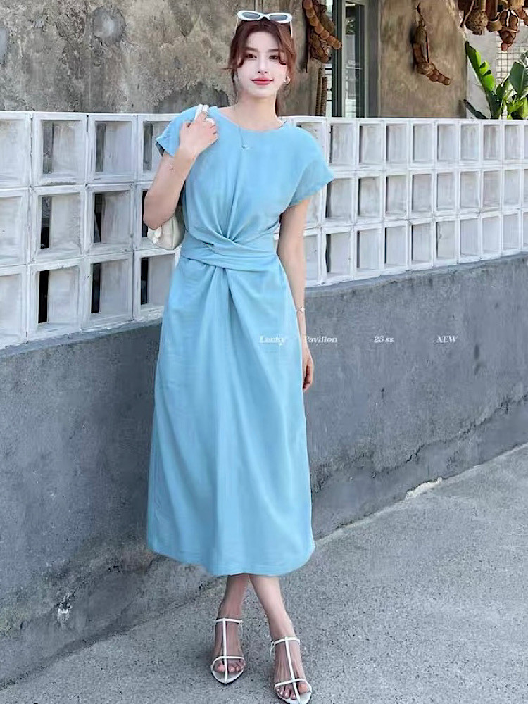 高级柔软亚麻交叉腰带飞飞袖连衣裙8222设计师洋气修身女2025夏季