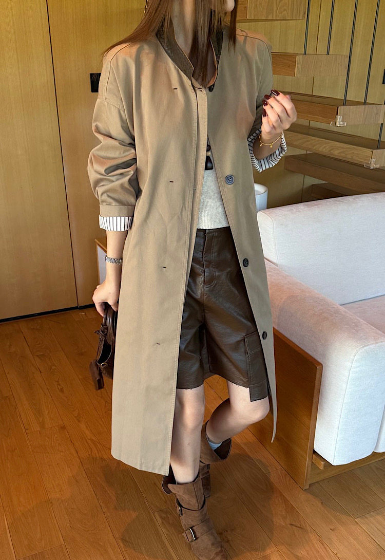 高级亚麻棉中长款风衣简约通勤PU皮立领系带宽松外套女秋季新6509