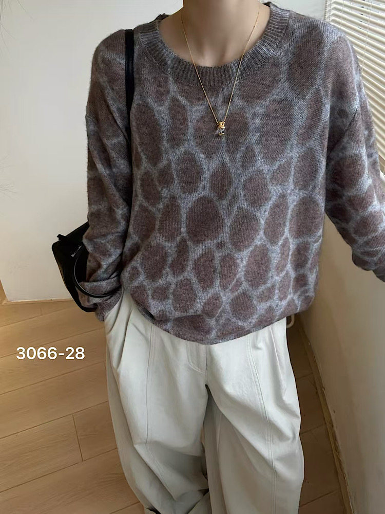 韩系高级软糯莱赛尔天丝山羊绒毛衣女宽松豹纹洋气慵懒秋季新3066