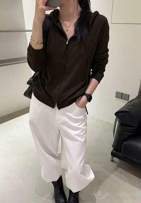 韩系高级柔软羊毛衣开衫女连帽抽绳休闲简约拉链条纹秋季新款7715