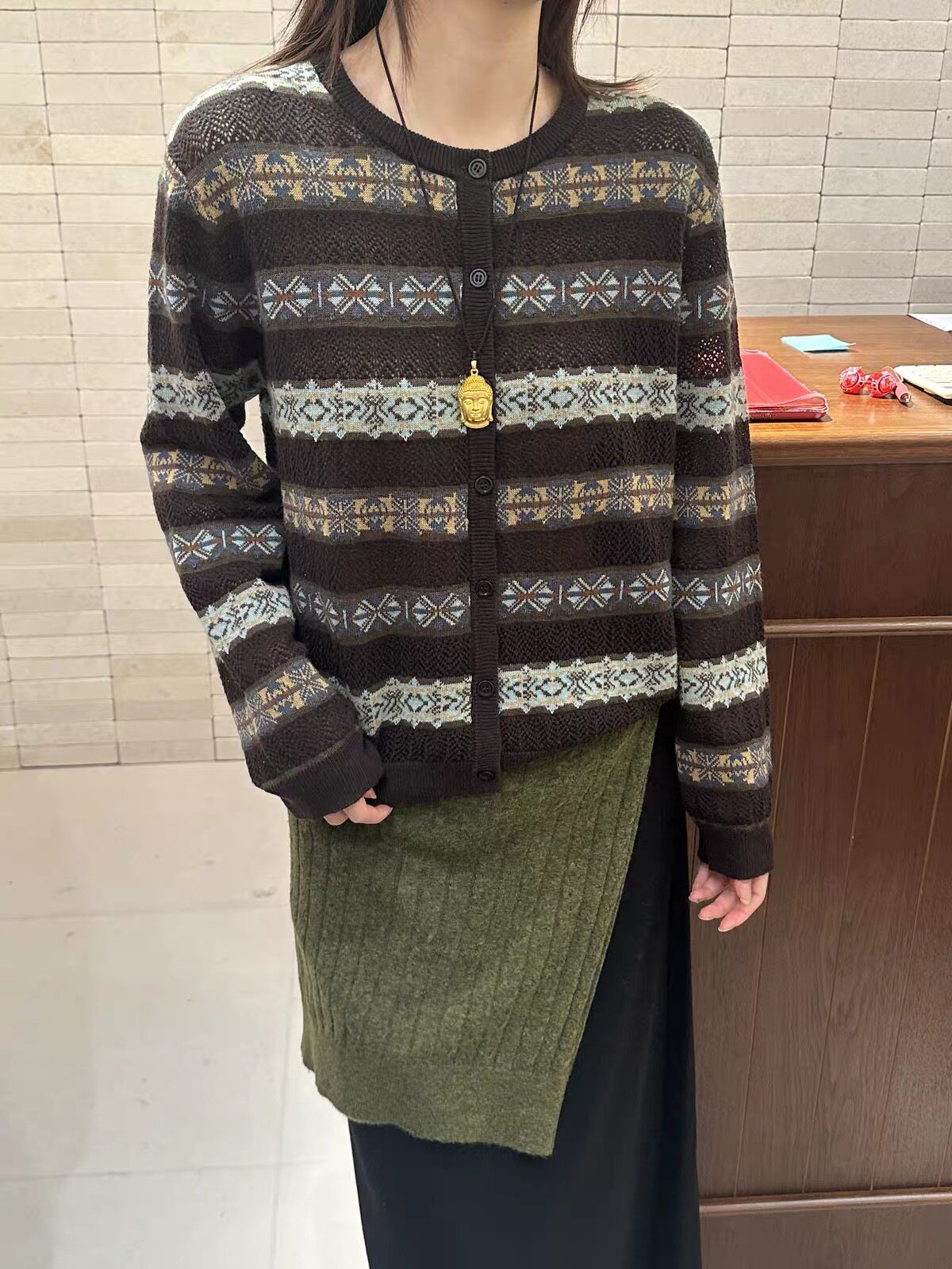 韩系高级巴素兰羊毛衣开衫女宽松复古镂空提花撞色针织秋季新8165