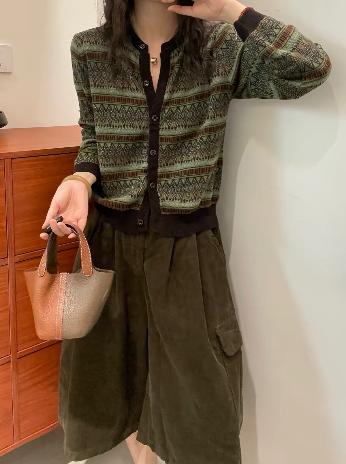 韩系高级复古撞色菱形格提花条纹细羊毛衣开衫女宽松秋季新款9195