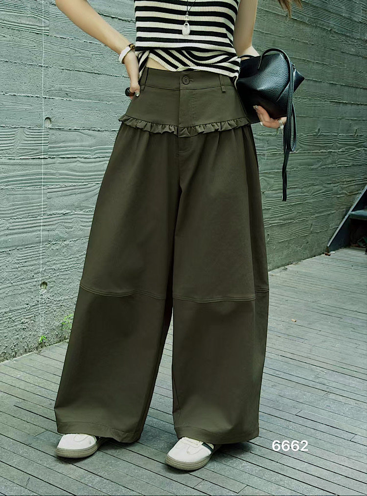 韩系高级荷叶边设计感阔腿长裤女松紧腰宽松显瘦休闲秋季新款6662