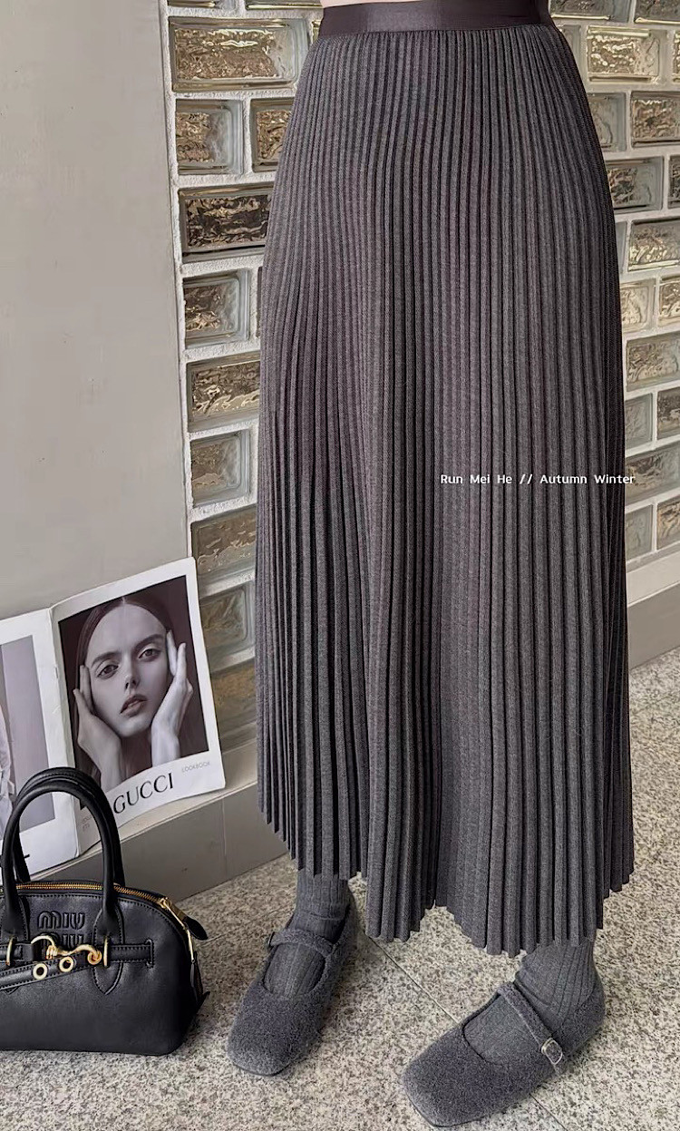 韩版毛呢立体百褶半身裙777松紧腰修身显瘦中长款女大摆2024秋冬