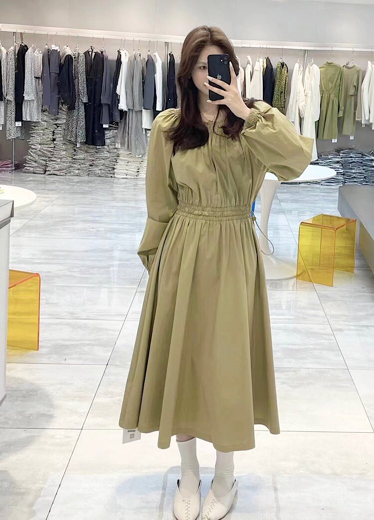 韩版尚貝啦8790薄棉百褶连衣裙女小个子大摆修身抽绳显瘦2025春季