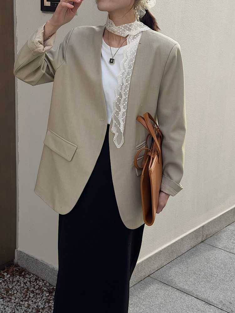 高级蕾丝飘带西装外套5033气质V领极简设计感宽松西服女2025春季