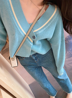 BOOMLIMIT  V领交叉设计拼色蓝色宽松毛衣开衫