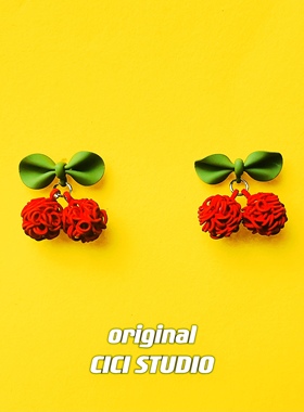 CICI创意小众编织红色樱桃蝴蝶结少女可爱俏皮童趣S925银针耳环
